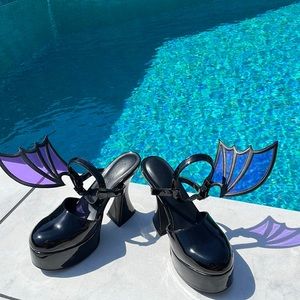 Dolls Kill Sugar Thrillz Mary Jane Platforms Size 8 w/ removal purple bat wings!